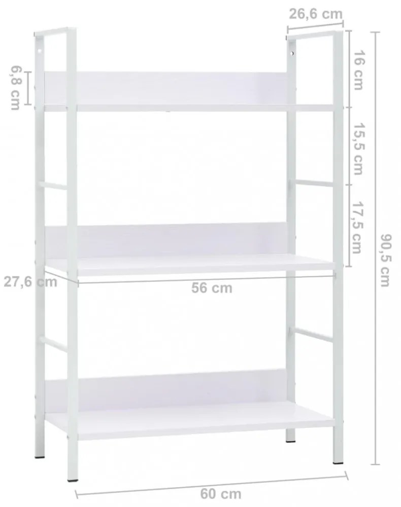 3 szintes fehér szerelt fa könyvespolc 60 x 27,6 x 90,5 cm
