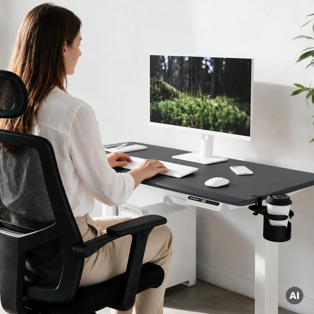Elektromos, állítható magasságú, ergonomikus, fehér-antracit íróasztal,1400x700 mm: ARIA