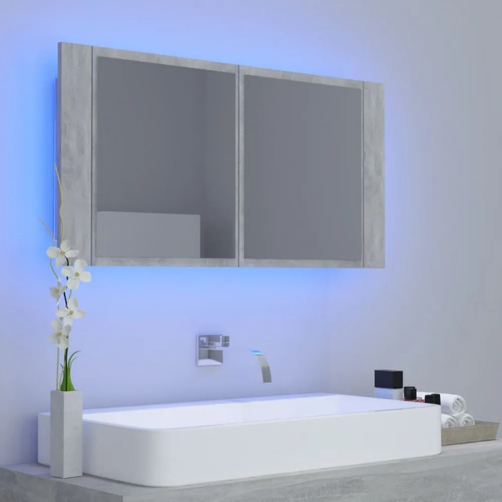 betonszürke akril LED-es tükrös fürdőszobaszekrény 90x12x45 cm