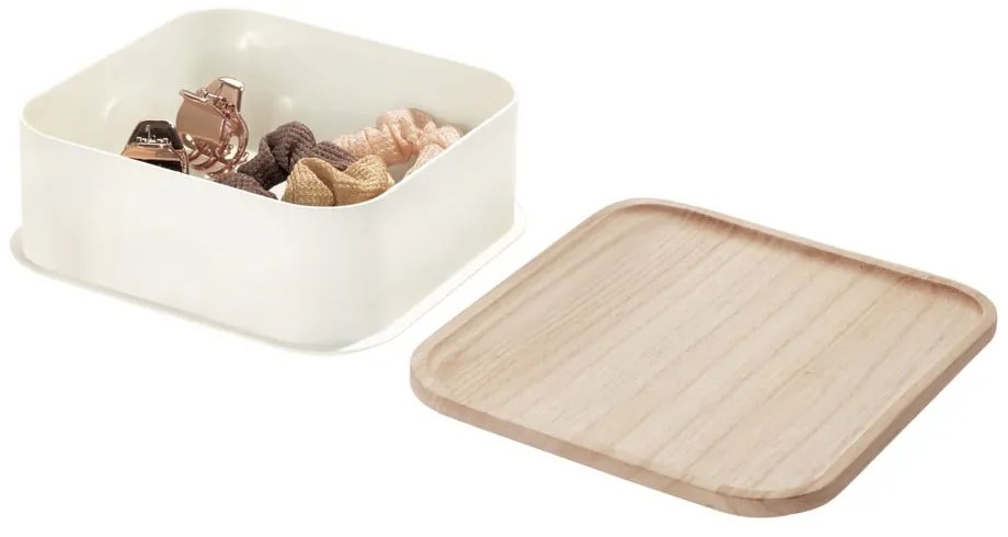 Eco fehér tárolódoboz paulownia fa fedéllel, 21,3 x 21,3 cm - iDesign