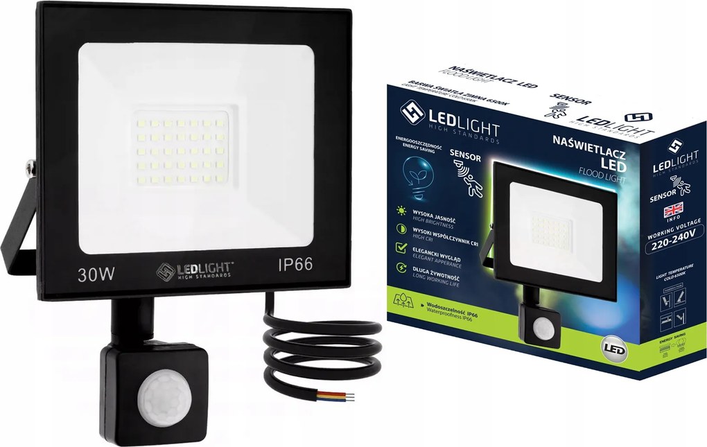 Halogén Led 30W Fényvető Pir Slim mozgásérzékelővel IP66 Munkavédelmi Hideg