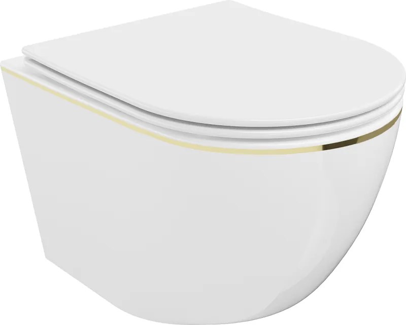 Mexen Lena Rimless WC csésze lassan záródó slim duroplast üléssel, fehér/arany vonal - 30224005