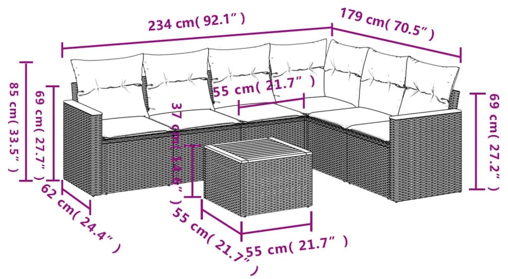 7 részes fekete polyrattan kerti ülőgarnitúra párnával