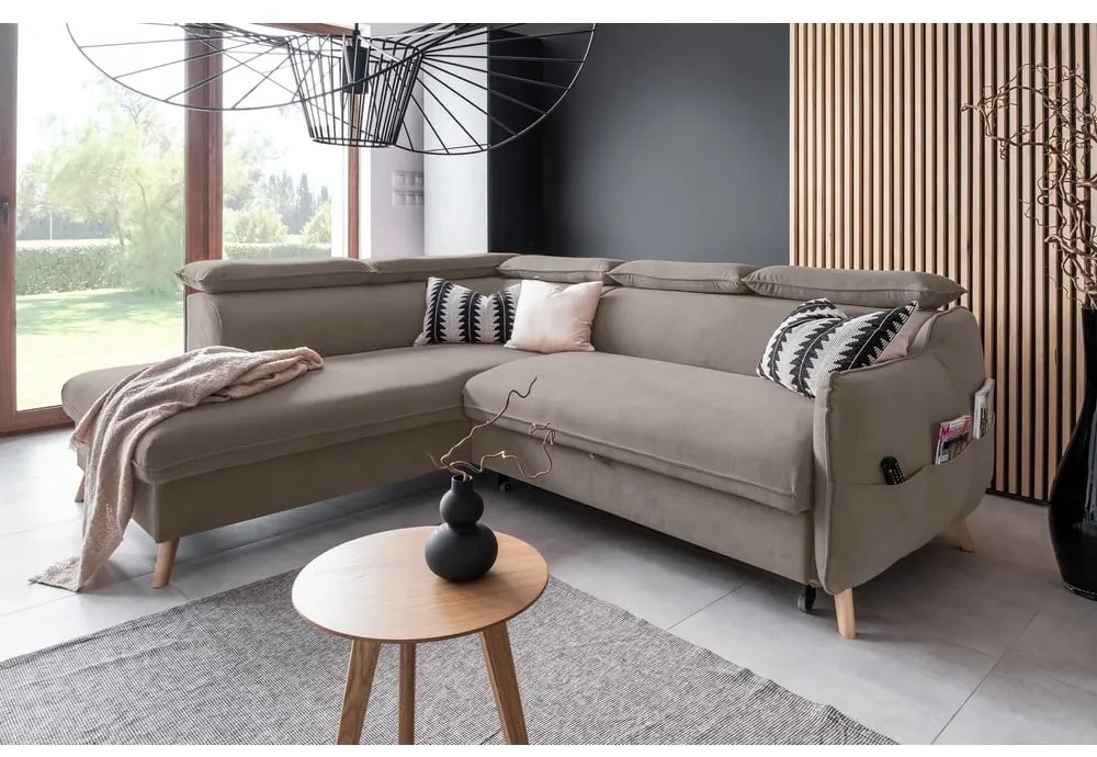 Világosbarna bársony kinyitható sarokkanapé (bal oldali) Sweet Harmony – Miuform