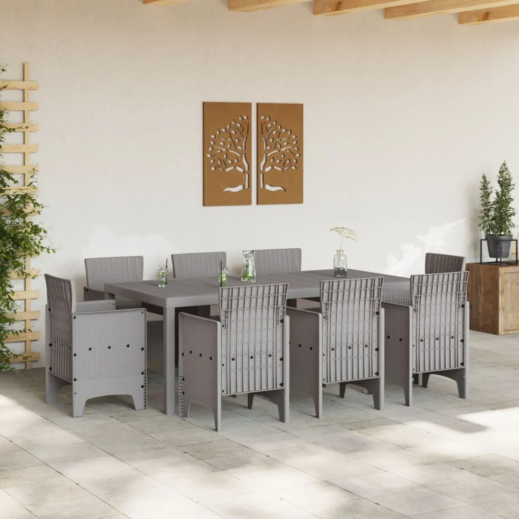 9 Darabos Kerti Étkezőszett Párnákkal Világosszürke Poli Rattan