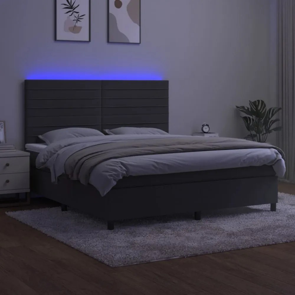 sötétszürke bársony rugós és LED-es ágy matraccal 160x200 cm
