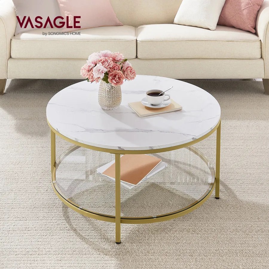 Kerek műmárvány nappali asztal tárolós polccal, modern stílusban, 80 cm átmérő