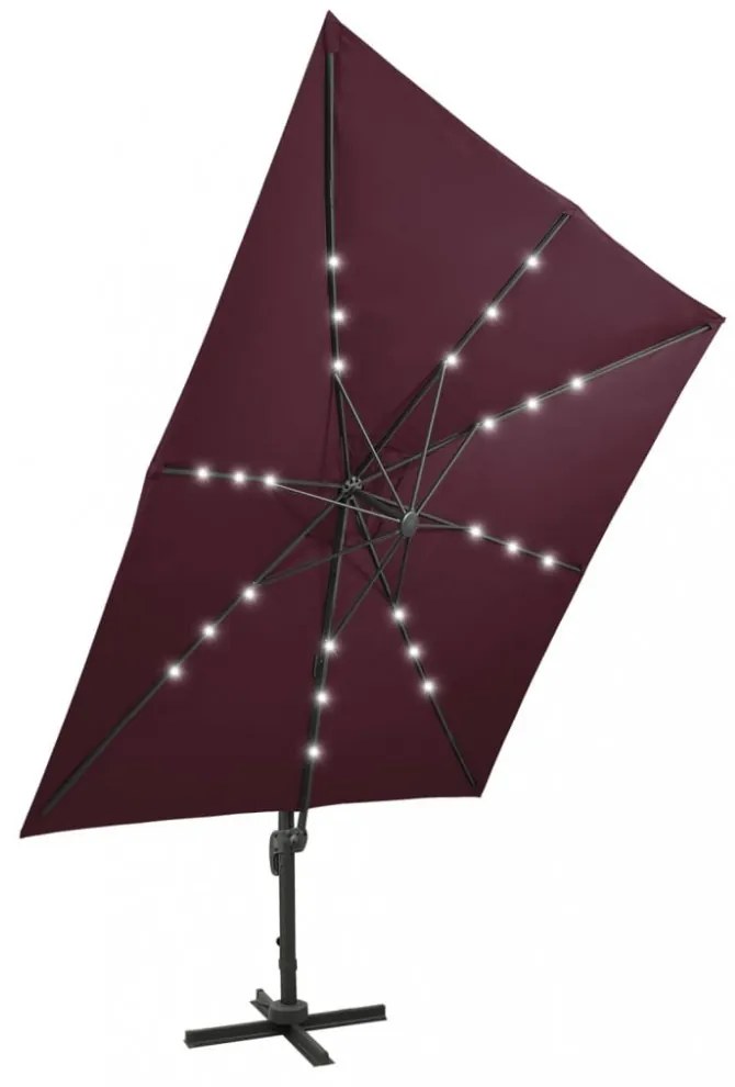 bordóvörös konzolos napernyő rúddal és LED-világítással 300 cm