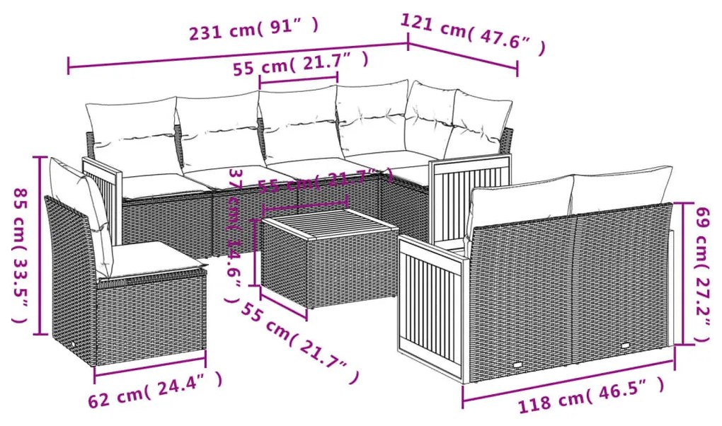 9 részes fekete polyrattan kerti ülőgarnitúra párnákkal