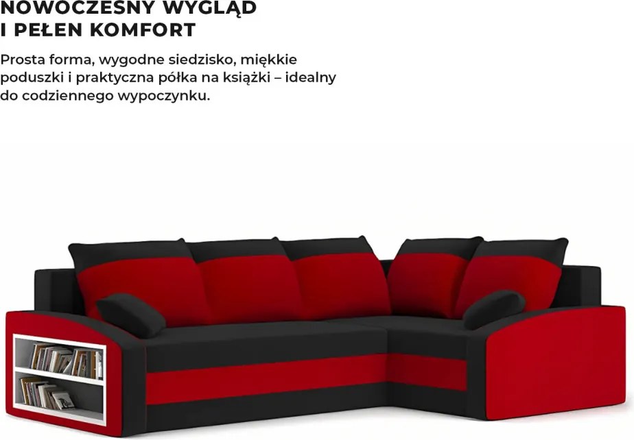 Grande sarokkanapé polcokkal , polc a bal karfaban, jobboldali, szövet anyag, hab töltet, fekete - piros