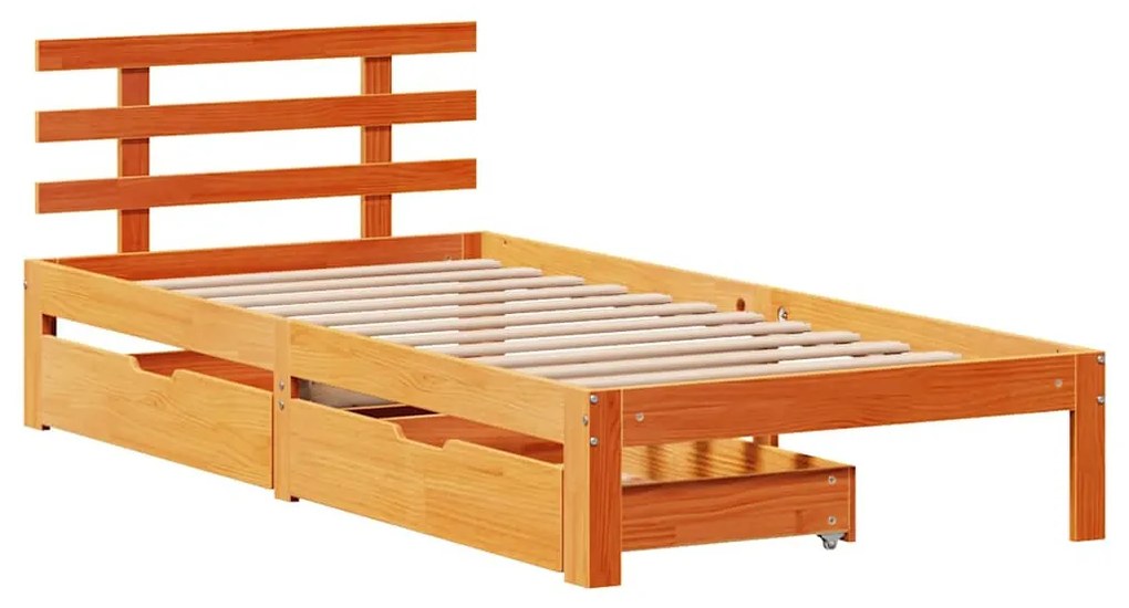 viaszbarna tömör fenyőfa ágykeret fiókokkal 75 x 190 cm