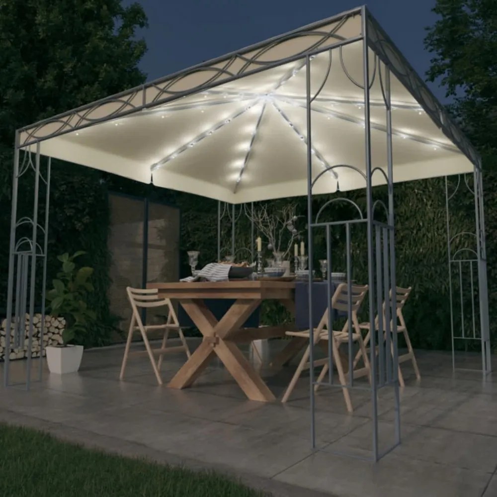 krémszínű pavilon LED fényfüzérrel 300 x 300 cm