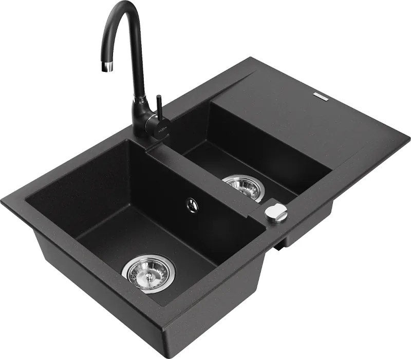 Mexen Gaspar 1,5 rekeszes mosogatótálca csepegtetővel és Telma konyhai csapteleppel, fekete - 6507-77-670200-70