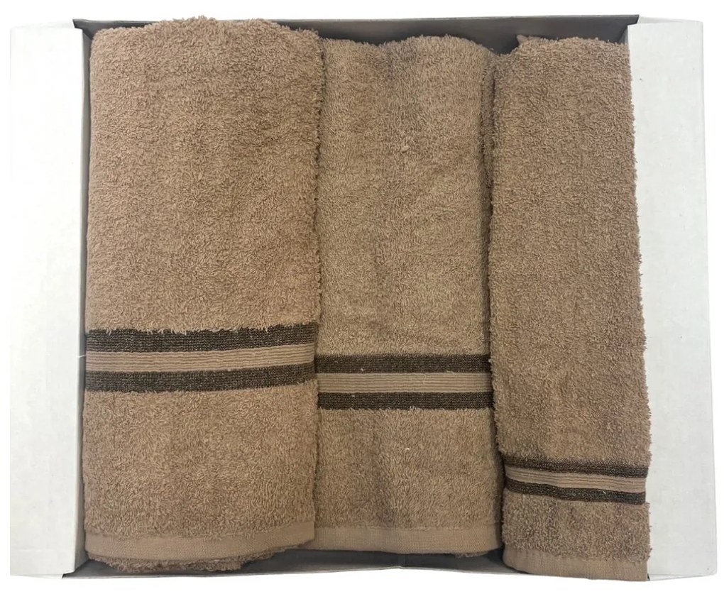 Ajándékcsomag 3 db 70x140 cm-es fürdőlepedőből és 50x100 cm-es, valamint 30x50 cm-es törölközőkből, barna színben, TiaHome
