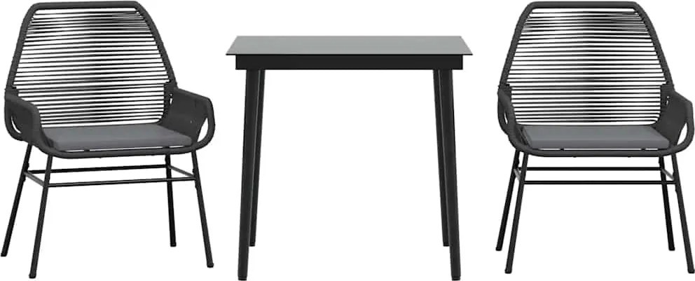 vidaXL 3 részes fekete polyrattan üveg kerti étkezőgarnitúra párnákkal