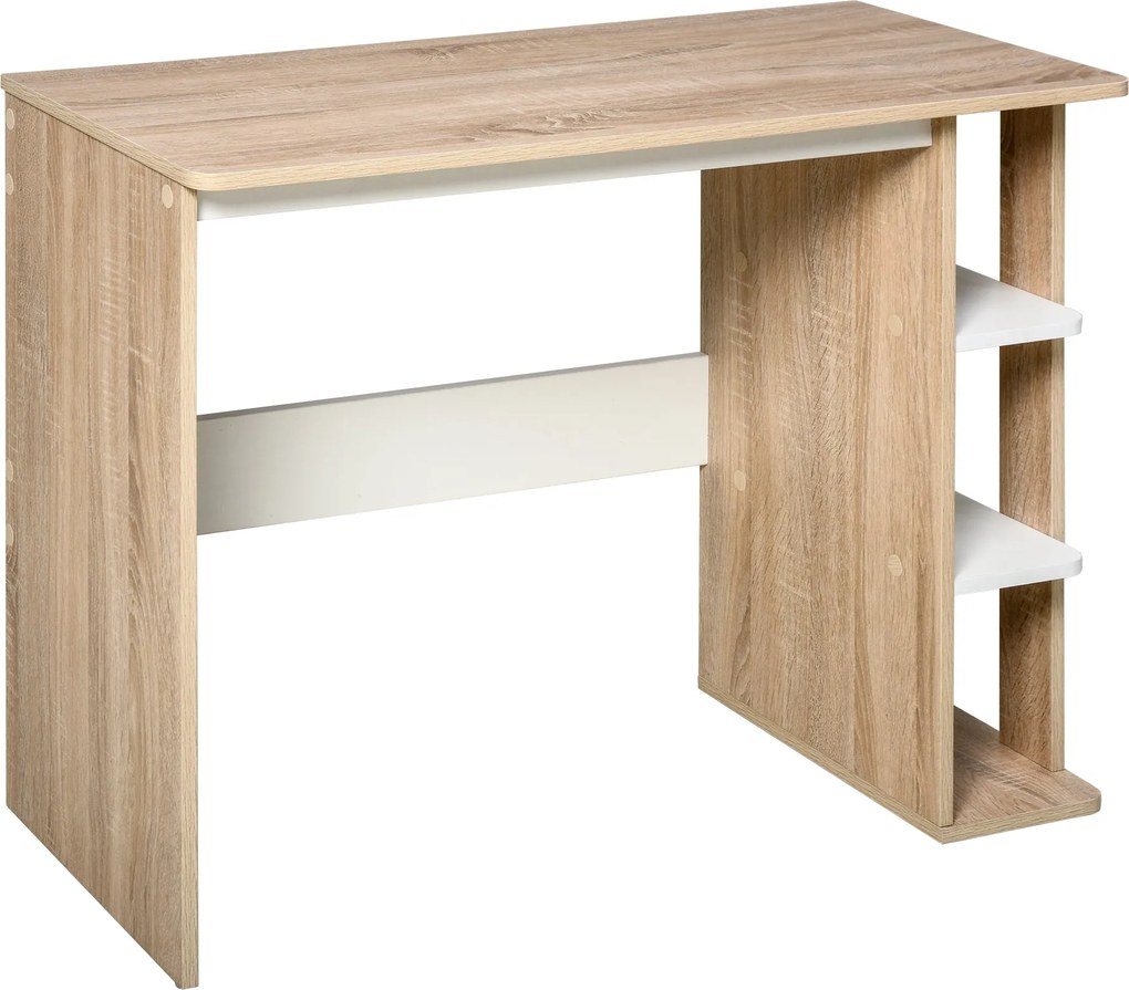 HOMCOM Számítógép Íróasztal 100L x 44W x 74H cm, 3 Oldalsó Polccal, Fából készült Világos Tölgy és Fehér | Aosom