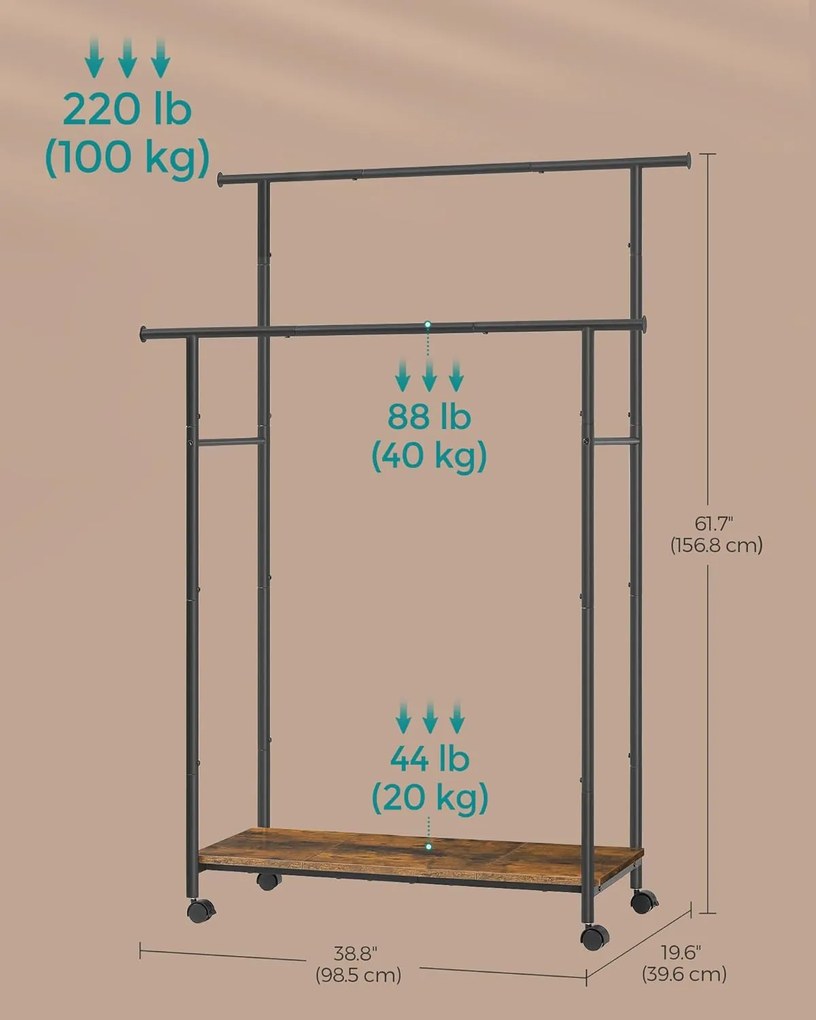 SONGMICS hordozható ruhaállvány, 98,5 cm széles, dupla sín, 100 kg teherbírás