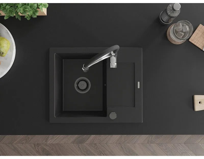 Mexen Enzo, 1 kamrás gránit mosogató 576x465x174 mm és Aster mosogató csaptelep, fekete, 6506-77-73450-07-B