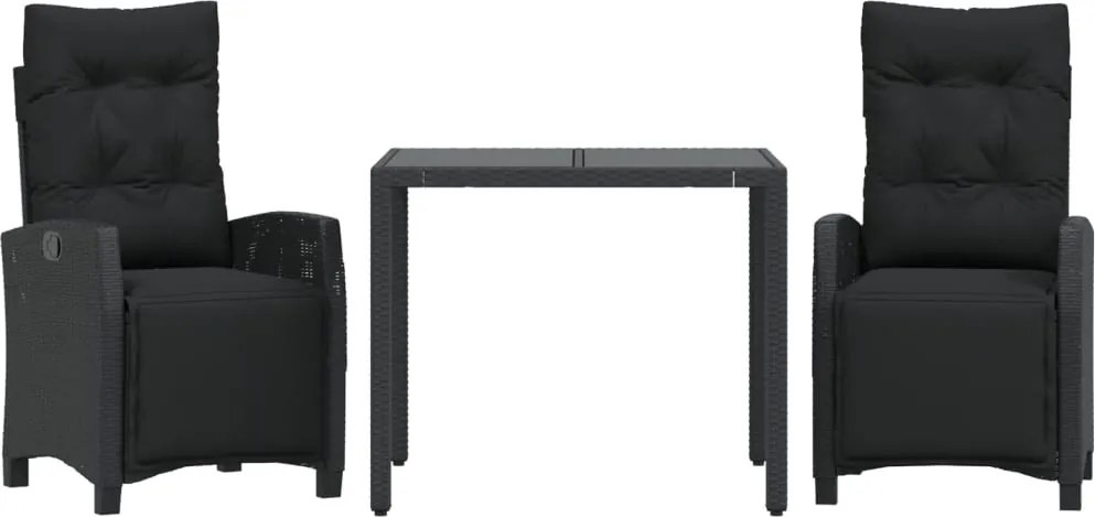 vidaXL 3 részes fekete polyrattan kerti étkezőgarnitúra párnákkal