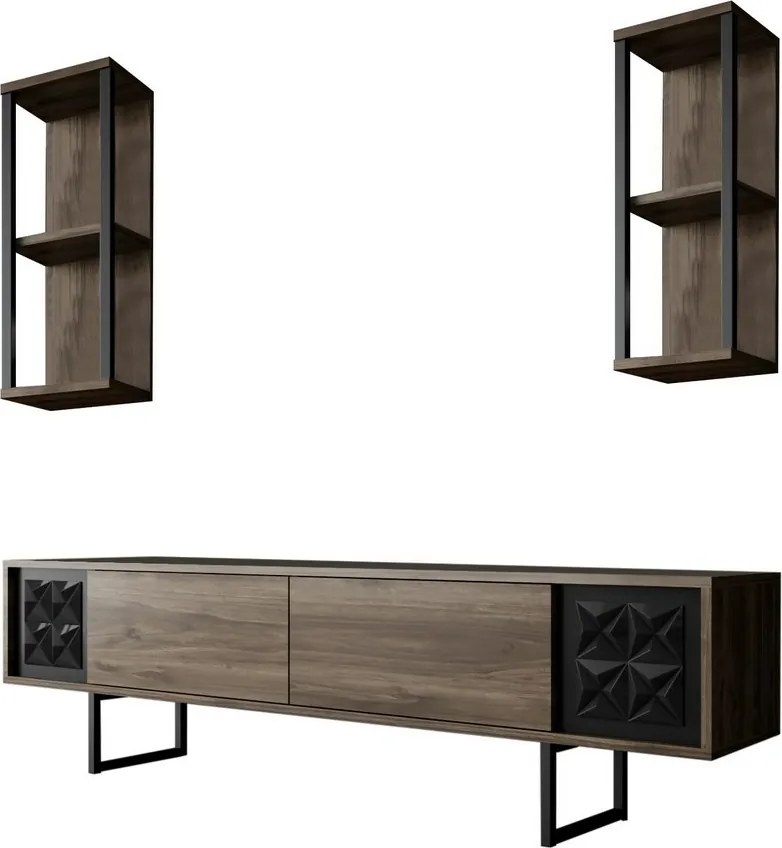 Line Walnut and Black TV-állvány polcokkal