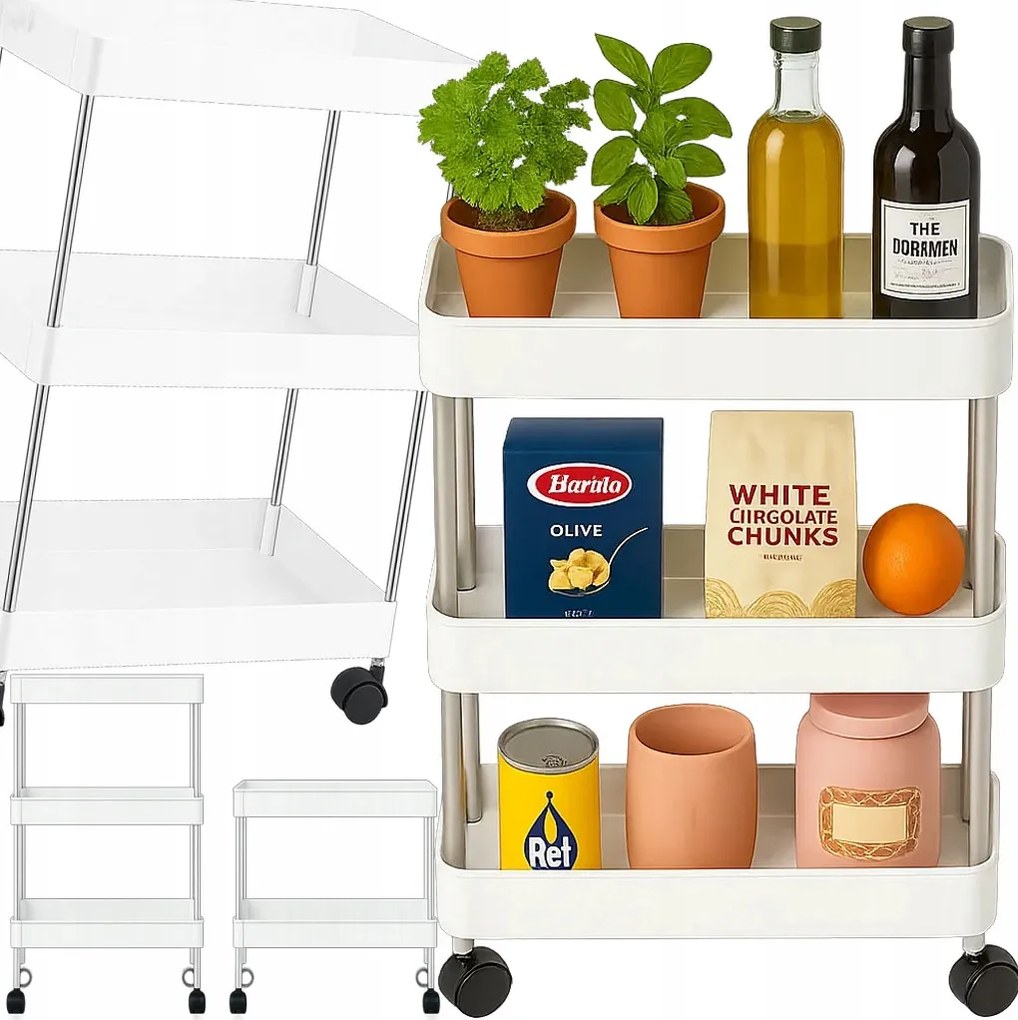 Fürdőszoba Polc Konyhaszekrény Mobil Gurulós Könyvespolc 3SZINTES Fehér