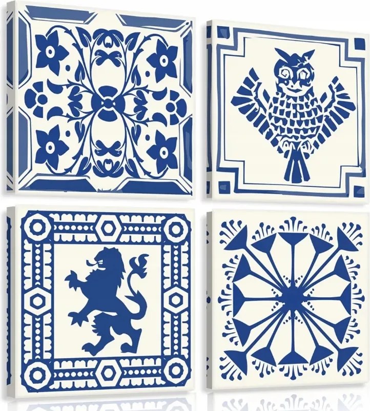 Vászonkép 50x50 Mozaik Kék Fehér Minták Bagoly Oroszlán Geometrikus