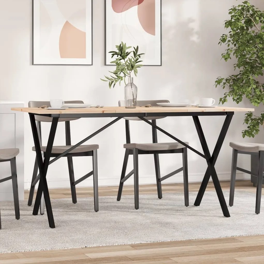 Tömör fenyőfa és acél étkezőasztal X-vázzal 160x80x75 cm