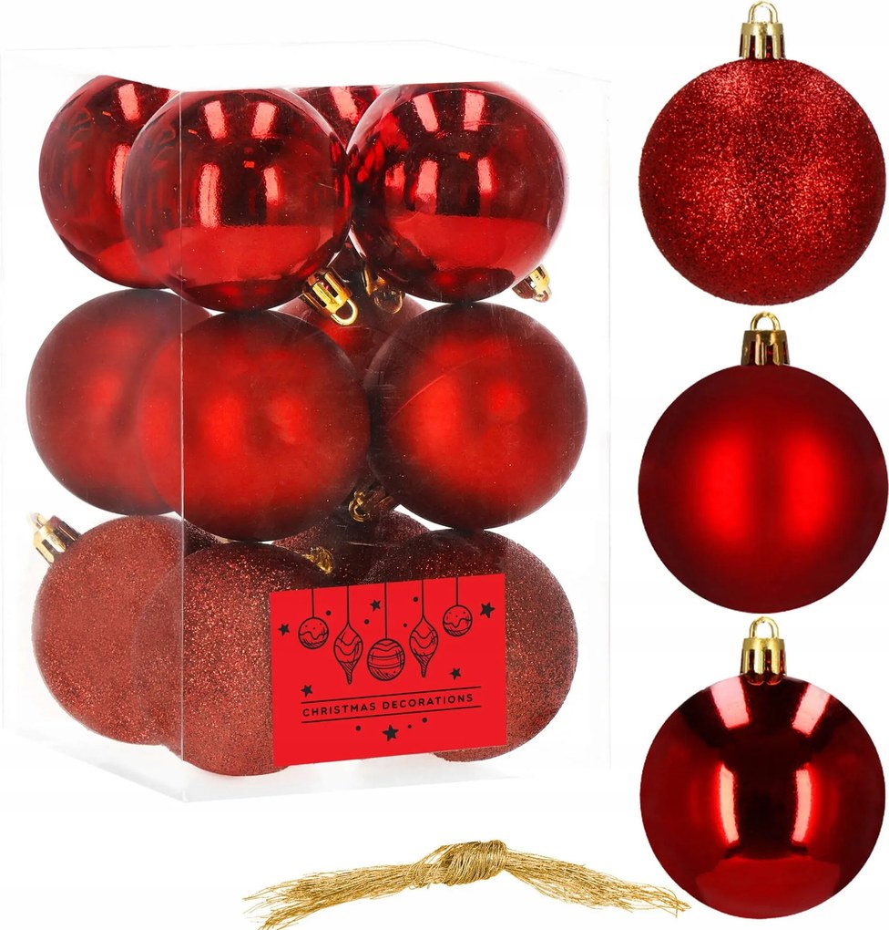 Karácsonyfadísz törhetetlen 12 db-os 6 cm-es Karácsonyfadísz Szett Piros Prémium