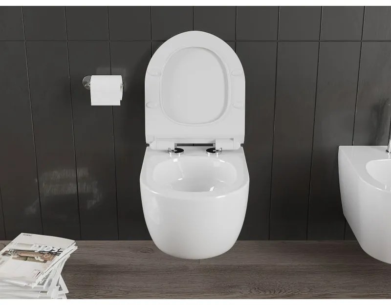 Mexen Carmen, falra akasztható wc csésze 490x365x340 mm, Perem nélküli Tornado + duroplast wc ülőke, fényes fehér, 30880100T