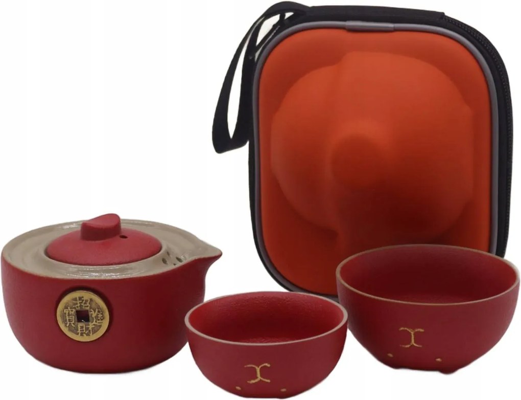 Kínai macska teáskészlet Piros,vízforraló,teáskanna 2 bögre, tok