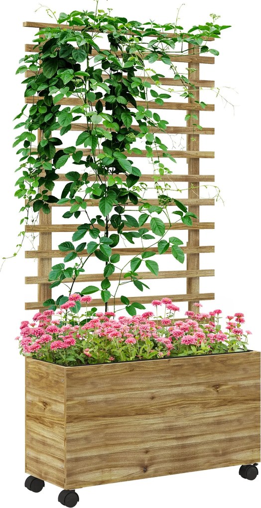 Outsunny Emelt Ágyásos Virágágyás Trellis-szel, Kerekekkel, Fa Virágágyás, Kert Trellis 76x30x155cm Kerti Erkély Teraszra, Emelt Ágyás Mászó Növényekh