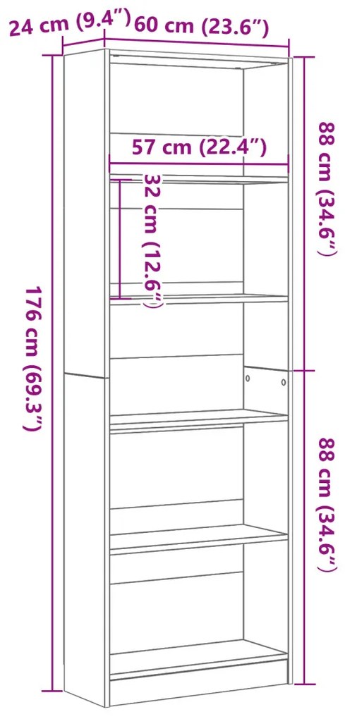 Fekete Tölgy Könyvespolc - 60 x 24 x 176 cm, Műanyag Fából