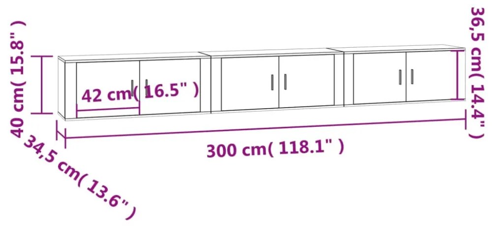 3 db betonszürke fali TV-szekrény 100 x 34,5 x 40 cm
