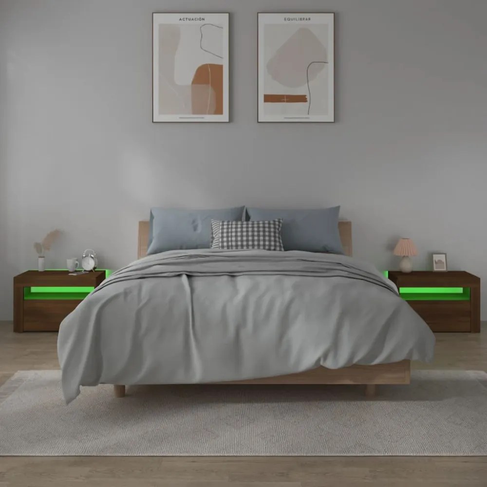 2 db barna tölgy színű éjjeliszekrény LED-ekkel 60x35x40 cm