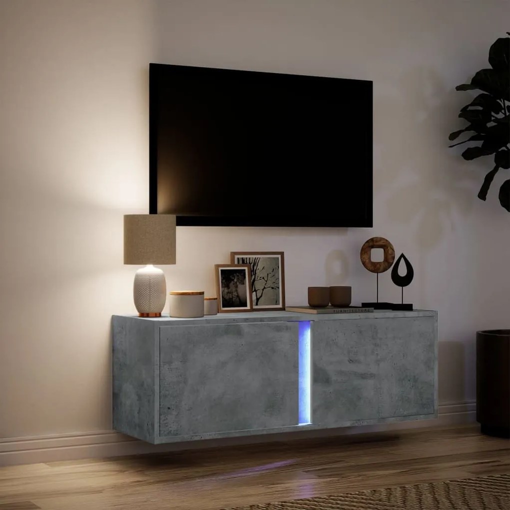 betonszürke falra szerelhető TV-szekrény LED-del 100x31x35 cm