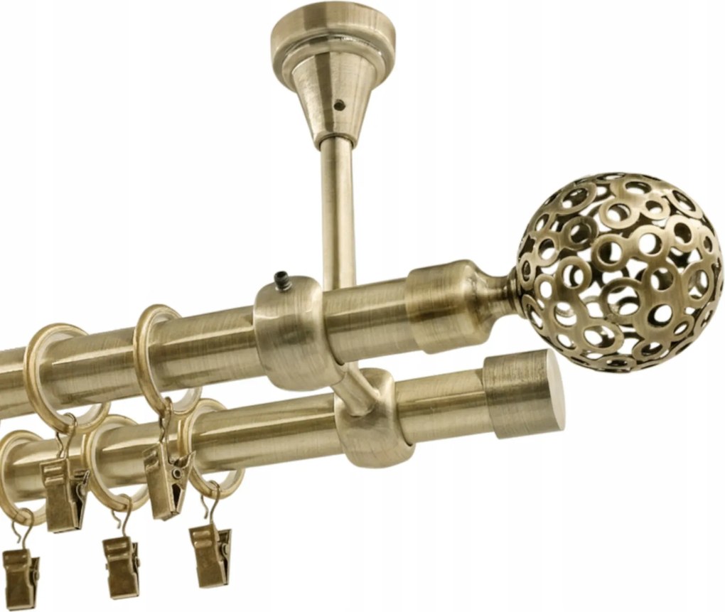Kétsoros Fém Függönysín, Mennyezetre Szerelhető, 19mm, Végválasztékkal Zł Antik Arany Színű, 140cm, Galvanizált