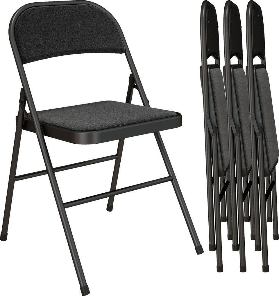 HOMCOM 4 db-os Összecsukható Szék Szett, Hordozható Irodai Szék Párnákkal, Vászonhatású, Acél Lábakkal, Összecsukható Szék Irodai Fogadóterembe, Feket