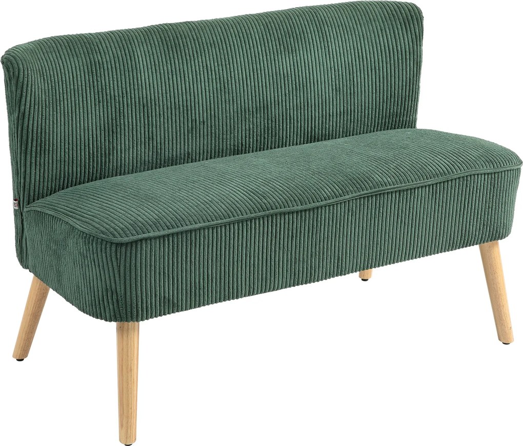 HOMCOM Modern Zöld Kárpitozott Kanapé 2 Személyes Karfa Nélkül, Kordbársony Hatás, Kis Nappali Kanapé Fából Készült Lábakkal, 117 x 56,5 x 77 cm | Aos