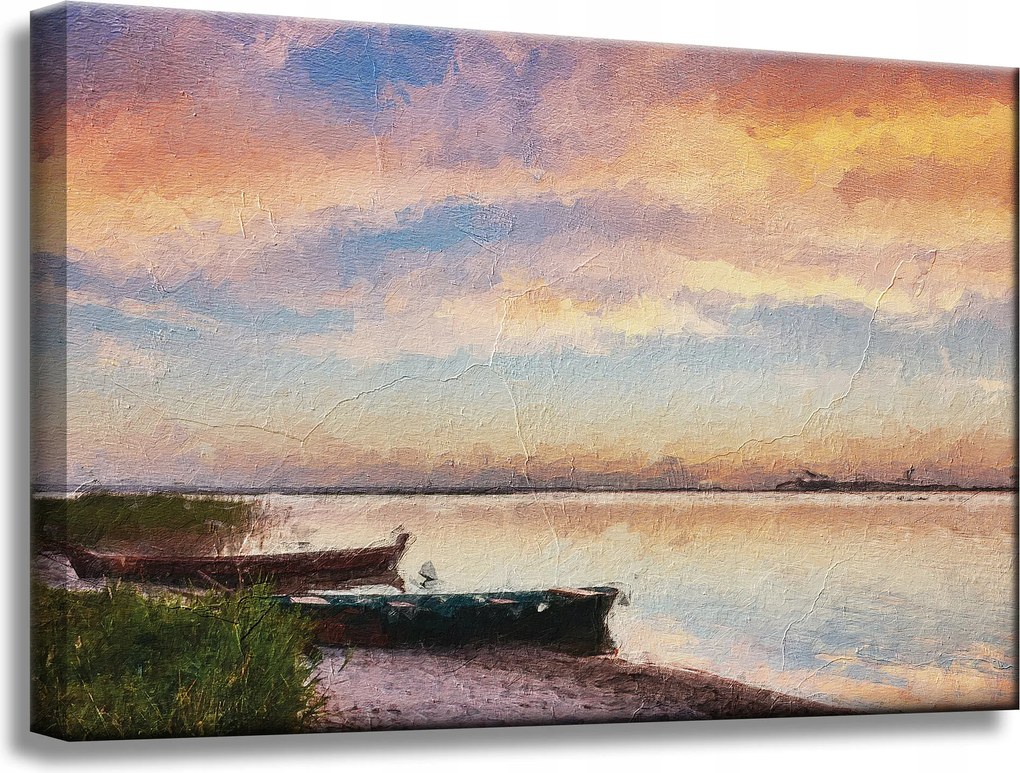 Vászonkép Olajfestmény Csónakok a parton 60x40 cm