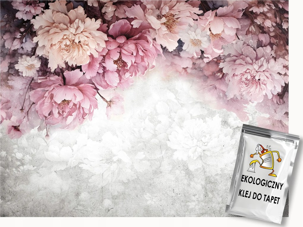 Fotótapéta Flizelina Fal Beton Minta Füzér Virágok Bazsarózsa 150x105 ragasztó