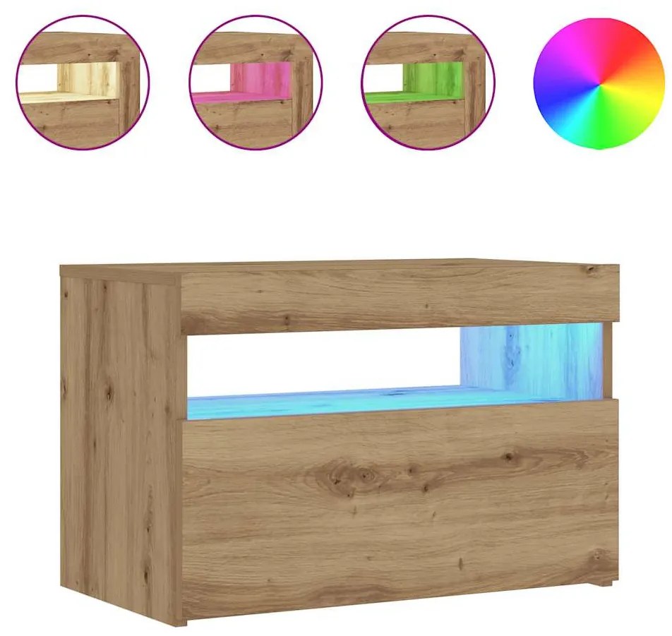 Éjjeli szekrény LED lámpákkal kézműves tölgy 60x35x40 cm