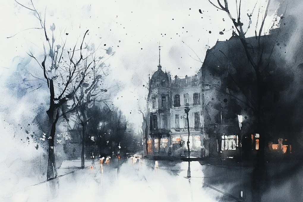 Fotótapéta Flizelina Város Utca Bérház Este Eső 104x70,5 ragasztó