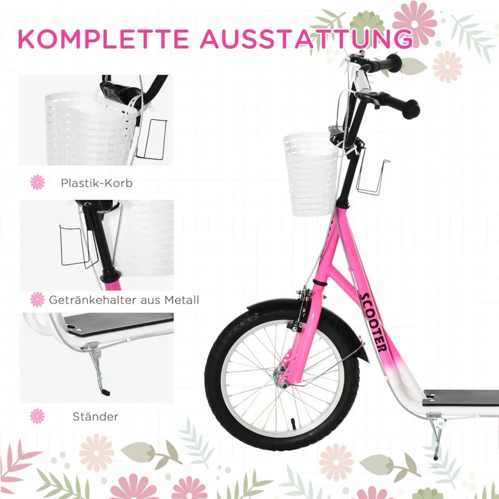 HOMCOM Gyerek Roller fékkel, állítható magasságú, könnyű acél, rózsaszín
