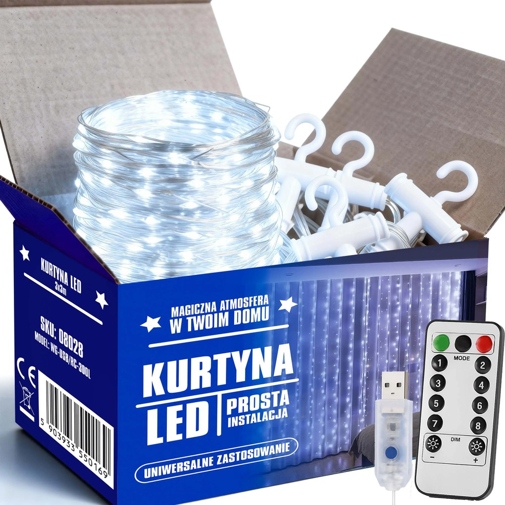 Led-es Fényfüggöny Karácsonyi Lámpák Karácsonyfa Füzér Usb Távirányító 3x3M