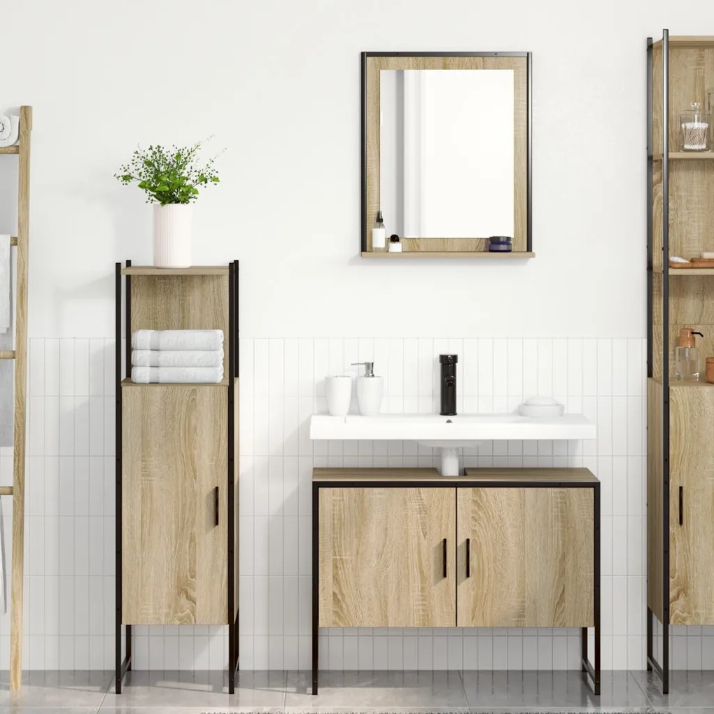 3 részes fürdőszoba bútor készlet Sonoma tölgy mérnökfából, Fürdőszoba tükör polccal Sonoma tölgy 50x12x60 cm mérnökfából