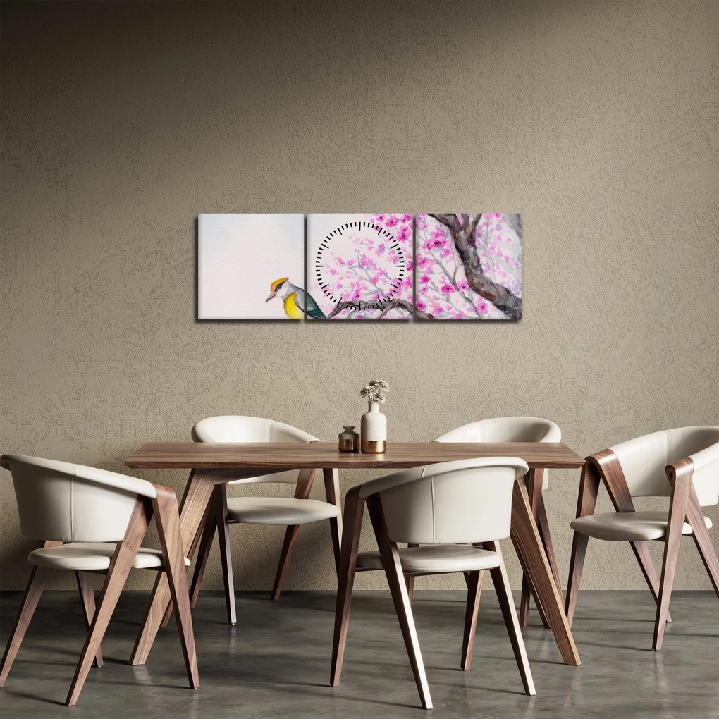 Kép - Madár egy fán rózsaszín virágokkal (órával) (90x30 cm)