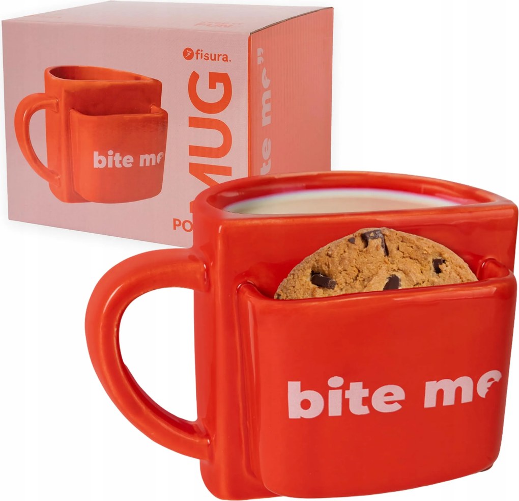 Piros kerámia bögre keksztartó zsebbel 'Bite Me' 360ml