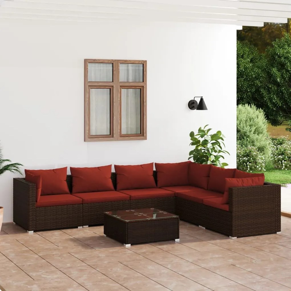 7 részes barna polyrattan kerti ülőgarnitúra párnákkal