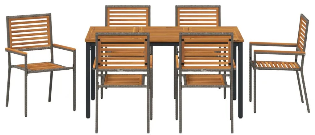 7 darabos Kerti Étkezőszett Szürke Poli Rattan Akácia, Összecsukható Kerti Székek párnázattal 2 db Szürke Poli Rattan, Kerti Asztal 150x90x75 cm Szilárd Akácia Fa és Fém
