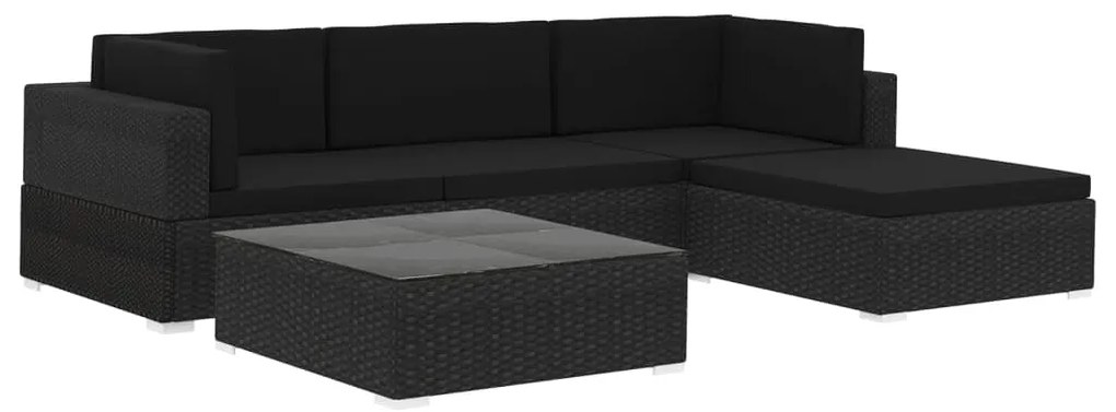 vidaXL 5-részes fekete polyrattan kerti bútorszett párnákkal